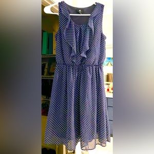 IZ Byer Navy Blue White Polka Dot Front Pleated Ruffle Dress, XS